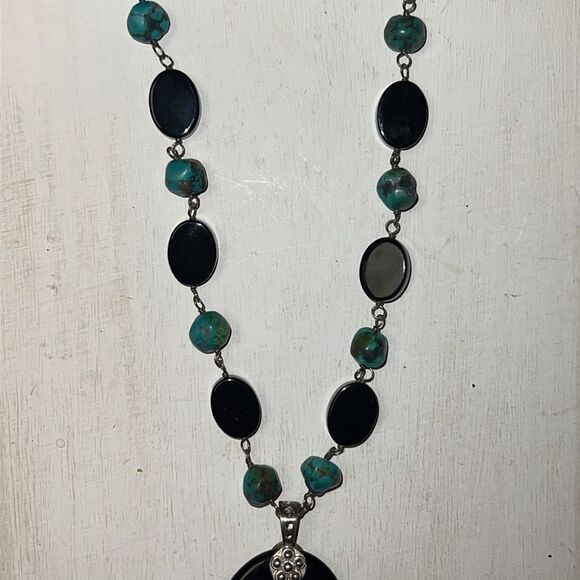 Authentic Lucas Lameth 925 Silver Natural Turquoise & Black Onyx Necklace - Picture 13 of 13